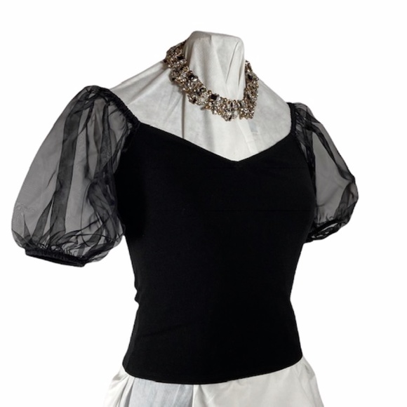 NWOT EXPRESS Feminine Black Off Shoulder Sheer Puff Sleeve Blouse XS Stretch Top - Picture 7 of 16